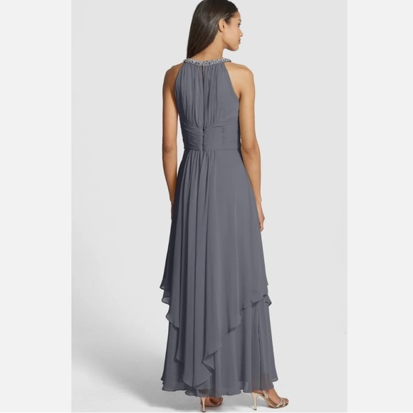 Eliza J Embellished Tiered Chiffon
Halter Gown Charcoal Gray Sz 12 - Picture 3 of 9